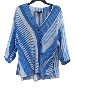 Robert Lewis Women's Blue White Diagonal Stipe Button-Down 3/4 Sleeve Blouse XL